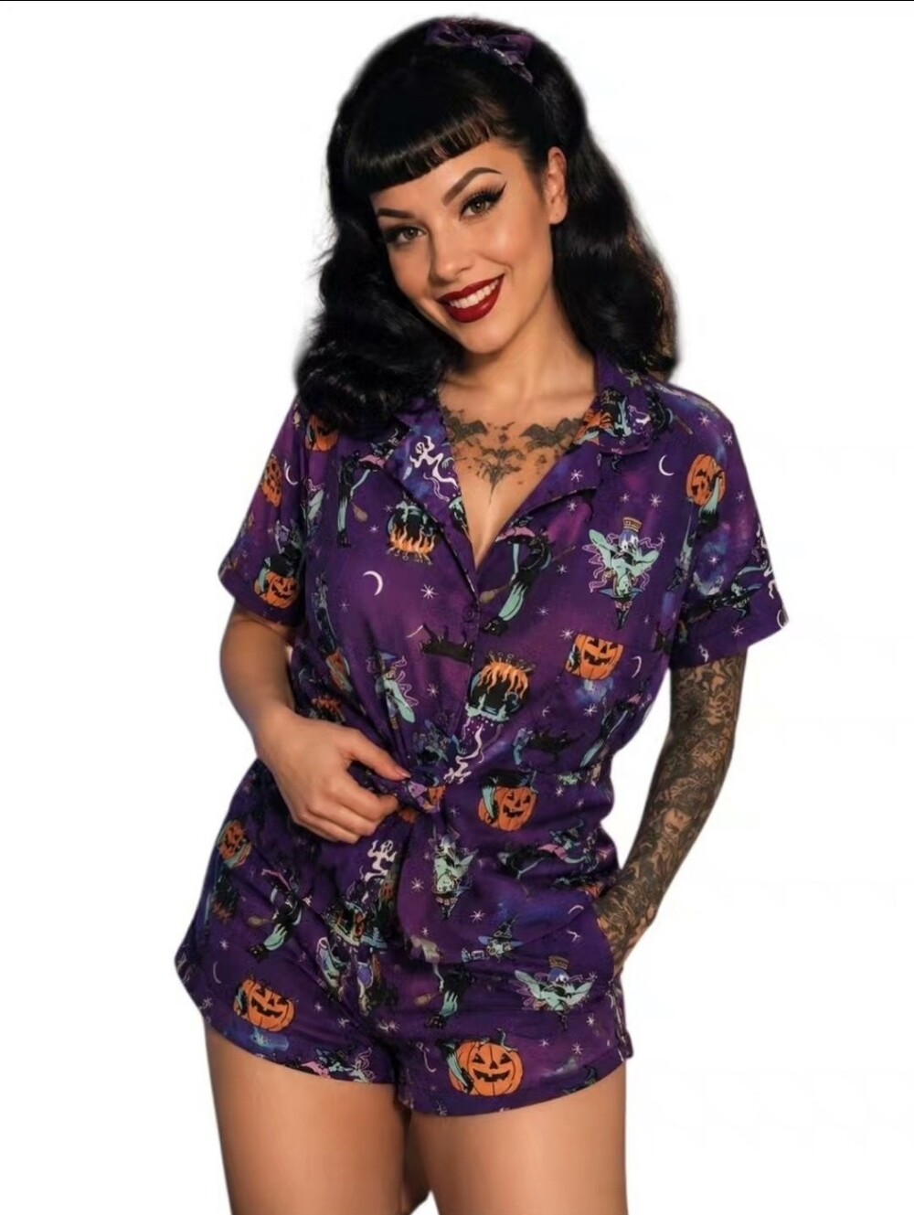 Women's Halloween Print Purple Short Pajama Set
